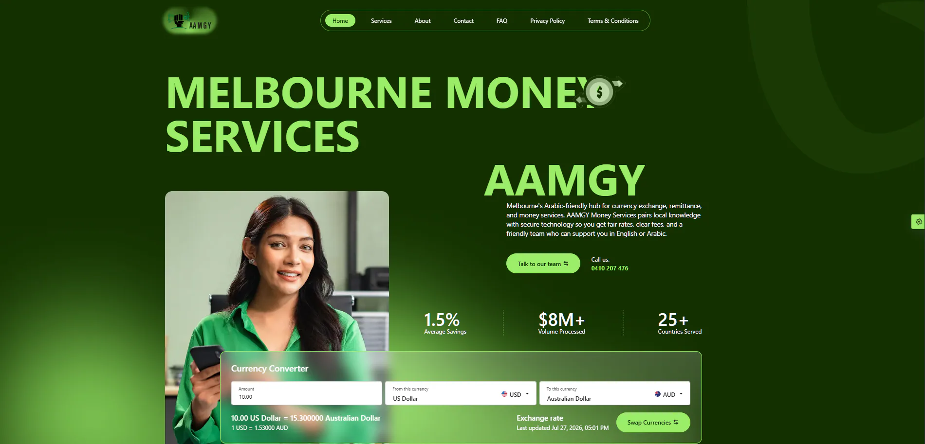 AAMGY Money Services homepage showing its bilingual-friendly positioning, currency converter and trust statistics