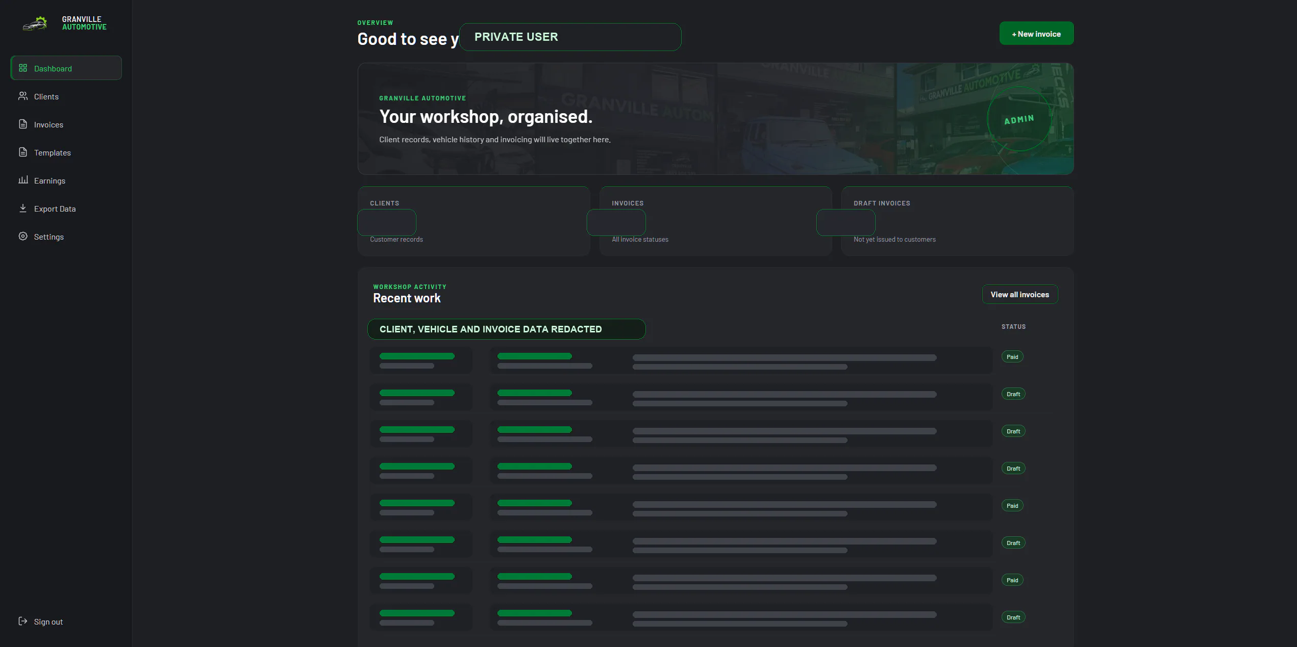 Granville Automotive dashboard with client, vehicle and invoice data redacted